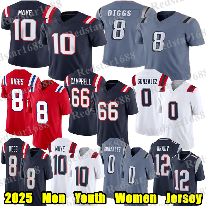 #10 Drake Maye Football Jersey #8 Stefon Diggs Will Campbell Christian Gonzalez Tom Brady Rob Gronkowski Rhamondre Stevenson Edelman TreVeyon Henderson jerseys