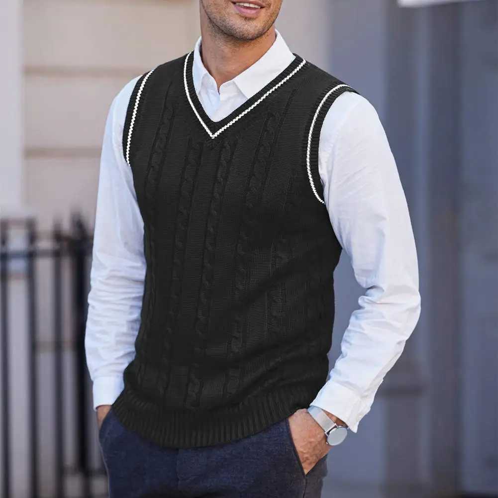 Men Vest Sweater V Neck Sleeveless Slim Fit Colorblock Knitted Pullover Slim Fit Mid Length Preppy And Business Style SweaterXJ250904