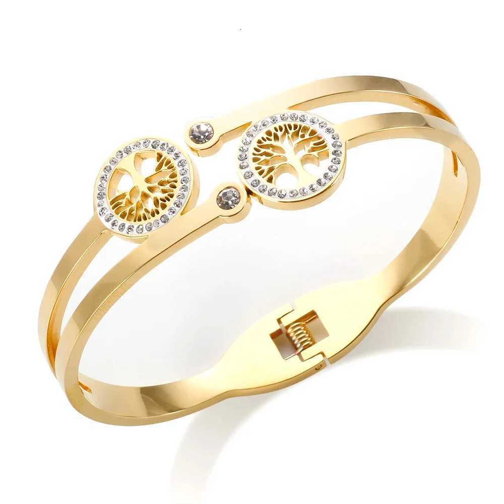 Luxury Stainless Steel Tree of Life Open Bracelet for Women Men Goldcolor Cubic Zircon No Fade Color Lucky Cuff Bangle Jewelry Y250904