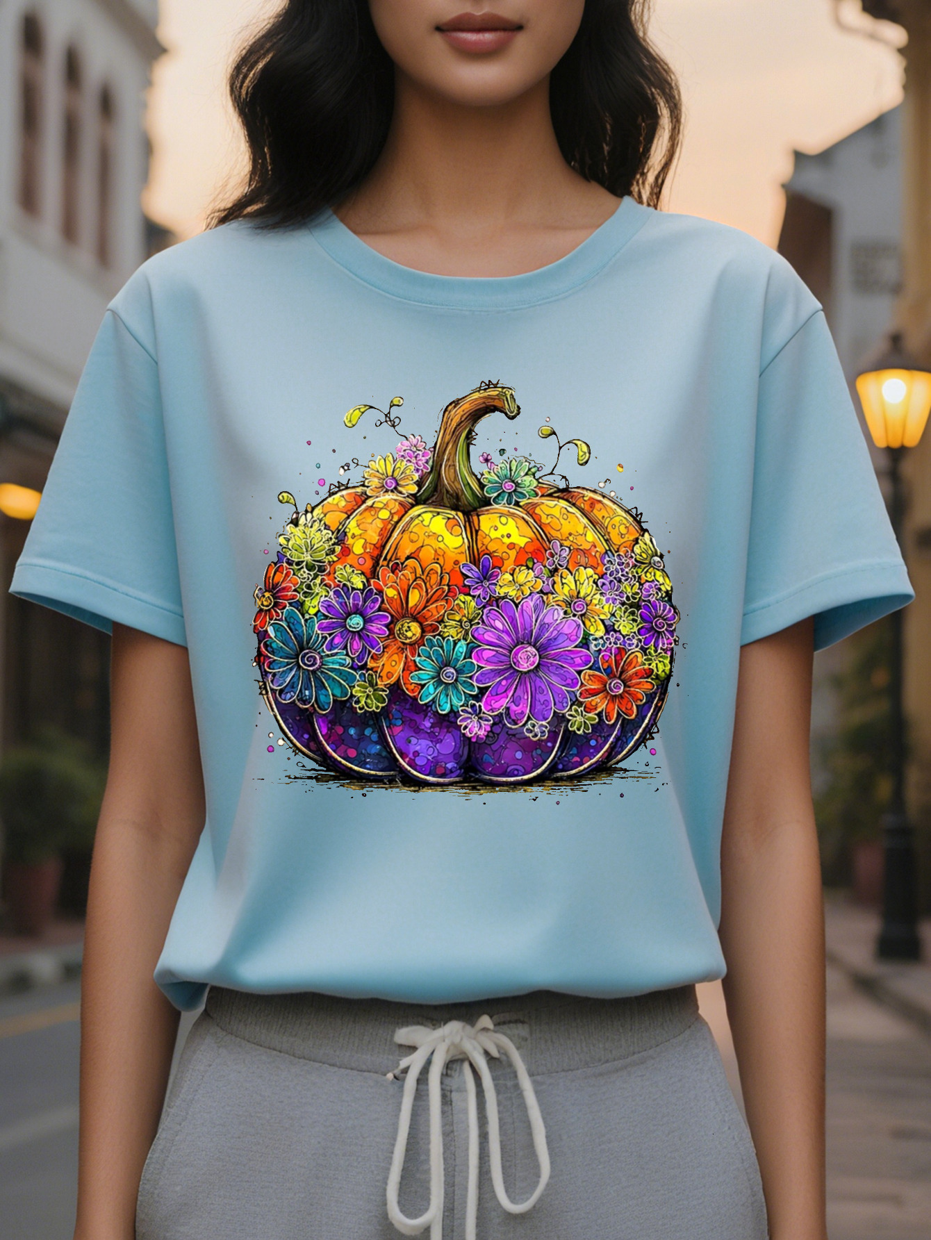 Large XL Women S Floral Print Crewneck Sweatshirt Cozy Casual Pullover Soft Beige with Vibrant Orange Pumpkin Purple Flowers Plus Size