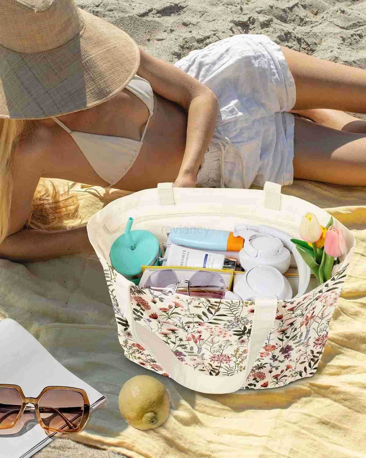 Large Tote Bag for Women Canvas Tote Bag with Zipper Aesthetic Reusable Shoulder Bag for Gym Travel WorkW250904