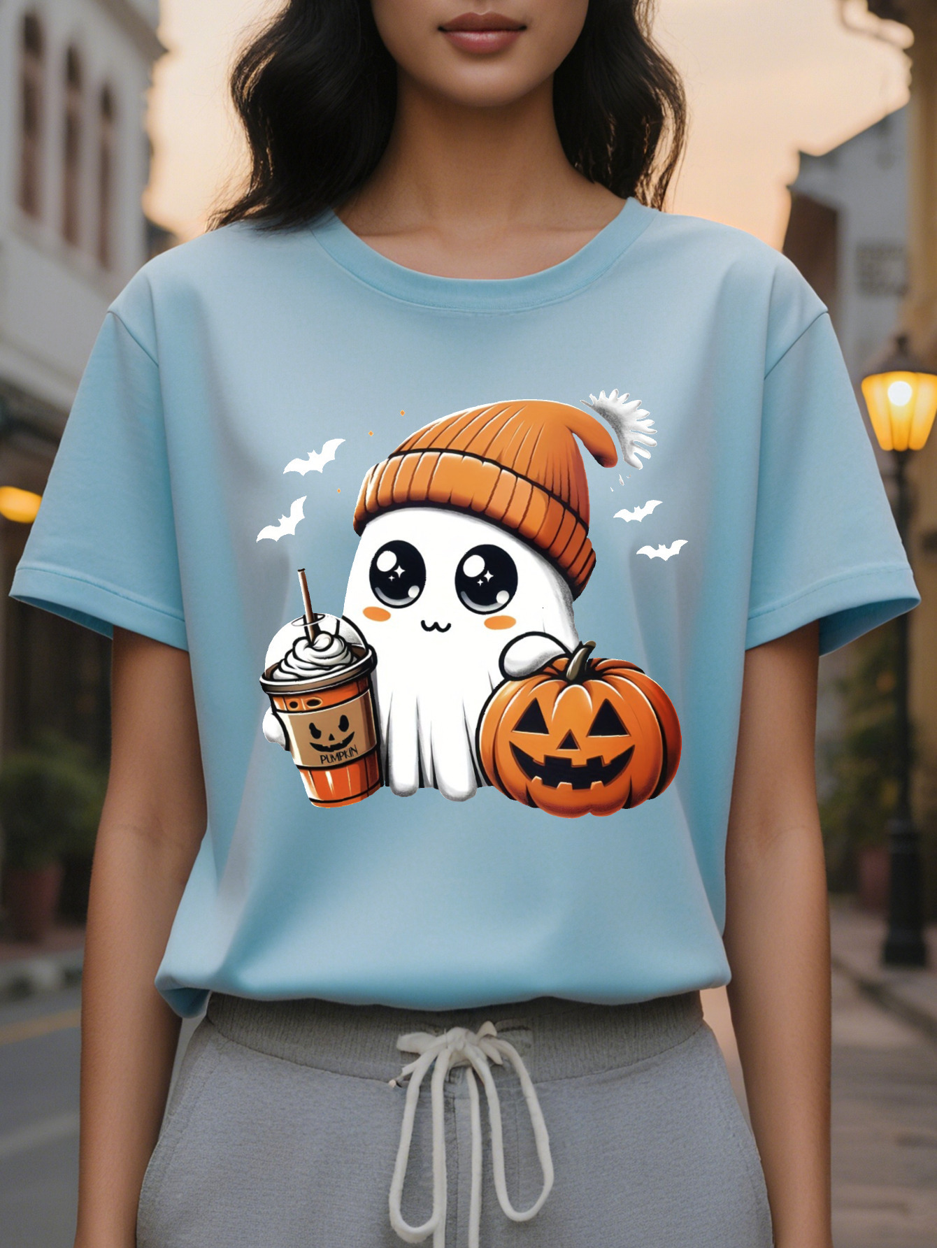 Women's casual short sleeve round neck T-shirt with pumpkin and ghost application cotton knit fabric regular cut
