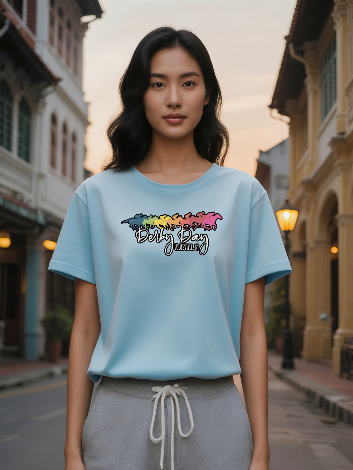 Lady Crew Neck T-Shirt with Derby Day Horse Print Black Short Sleeve Summer Fashion Top for Casual Attire