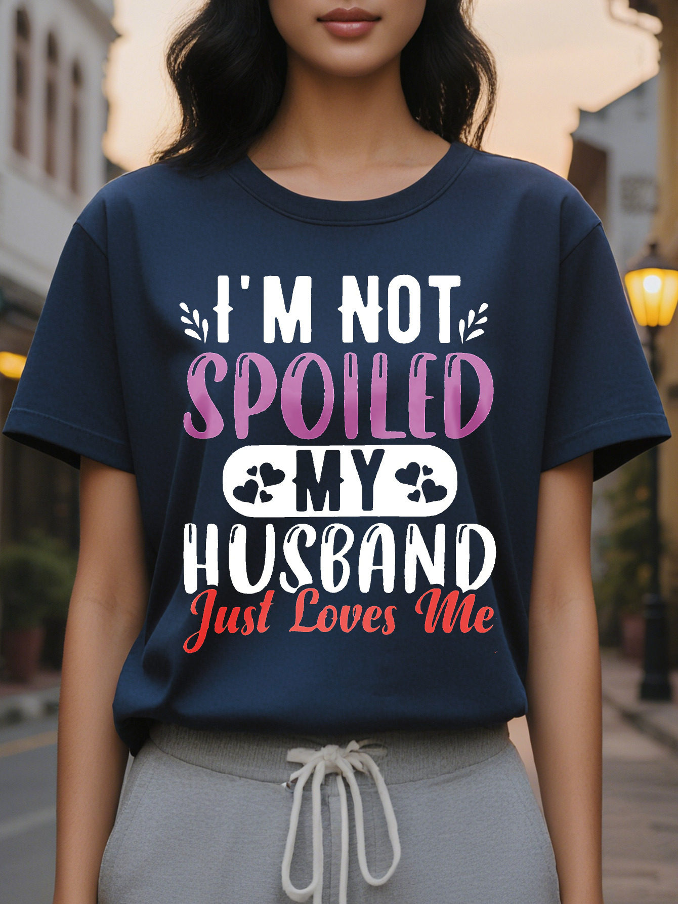 Large XL Women S V Neck T-Shirt I'm Not Spoiled My Husband Just Loves Me Graphic Print Short Sleeve SpringSummer Tee in Heather Plus Size