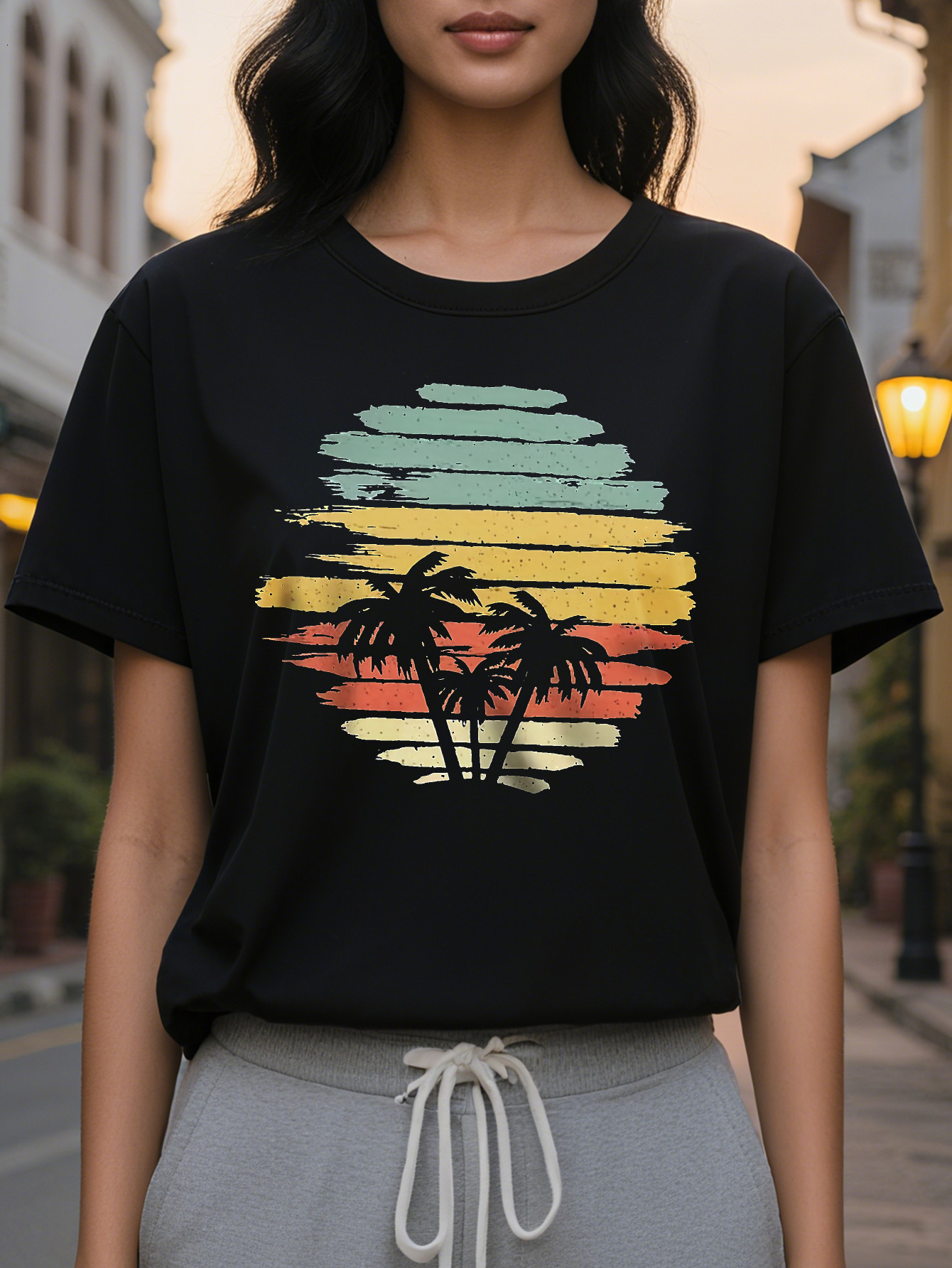 Vibrant Coconut Tree Print Relaxed Fit Crew Neck Tank Top Soft Breathable Sleeveless Perfect for Summer Women