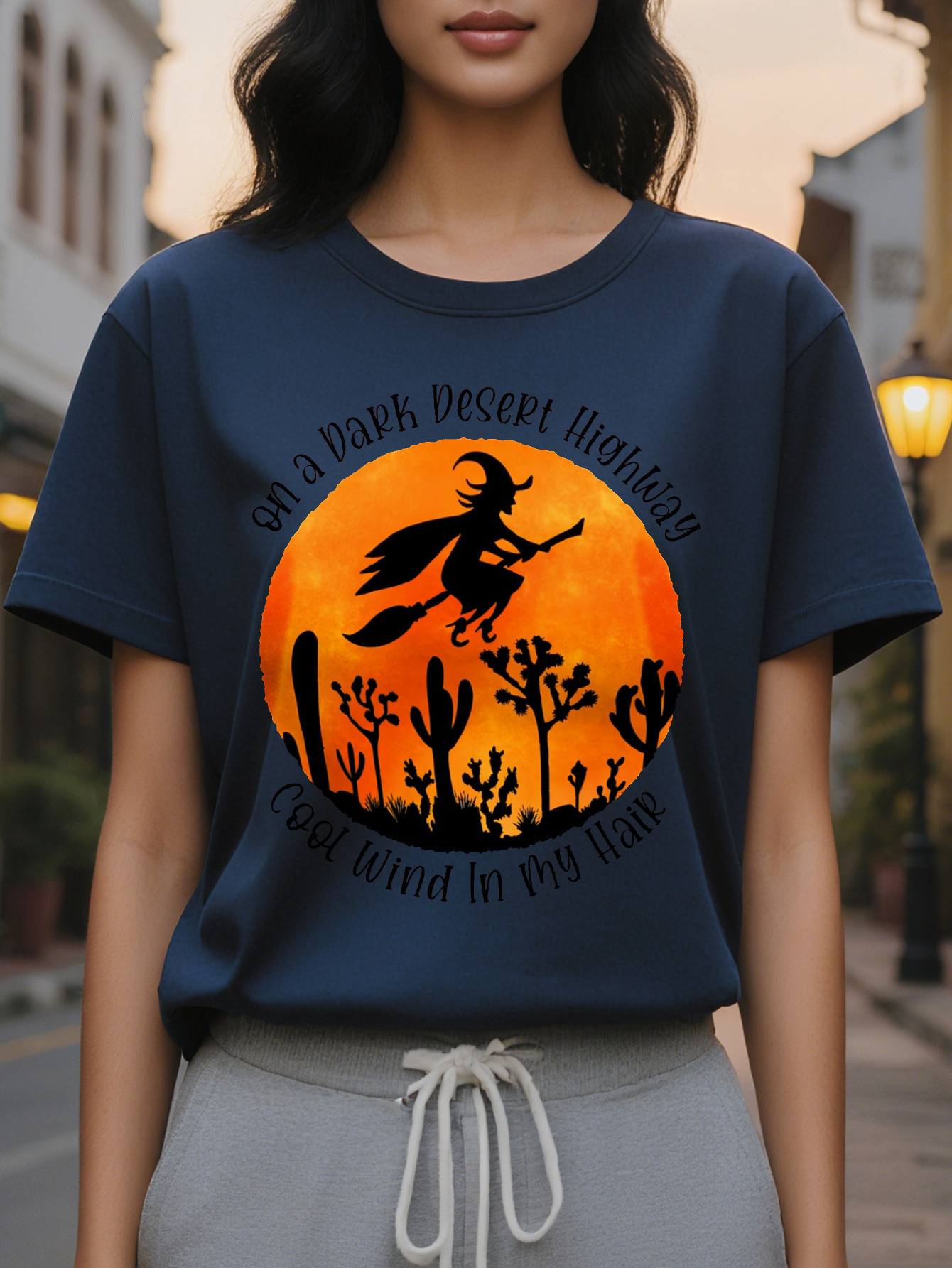 Women's Halloween T-Shirt Olive Green with Flying Witch Cactus Moon Design Lightweight Stretchy Costume Party