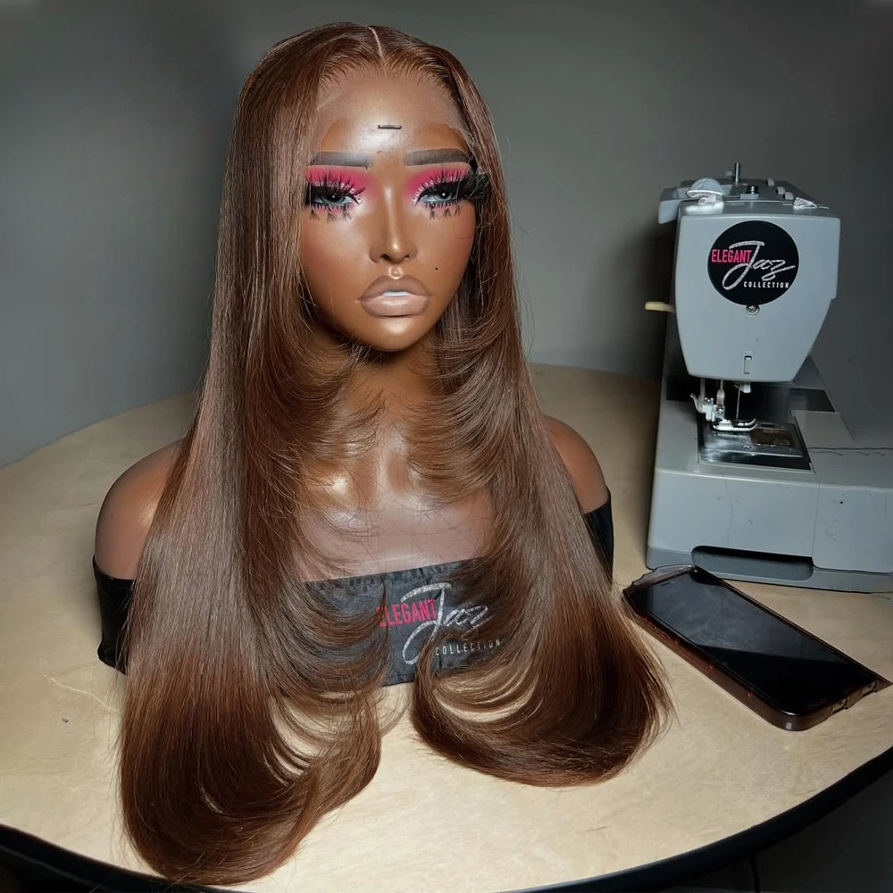 Chocolate Brown Human Hair Wig Layered Cut Lace Front Wigs Wear Go HD 13X4 Straight Lace Front Wig For Women Perruques Cheveux Glueless Wigs