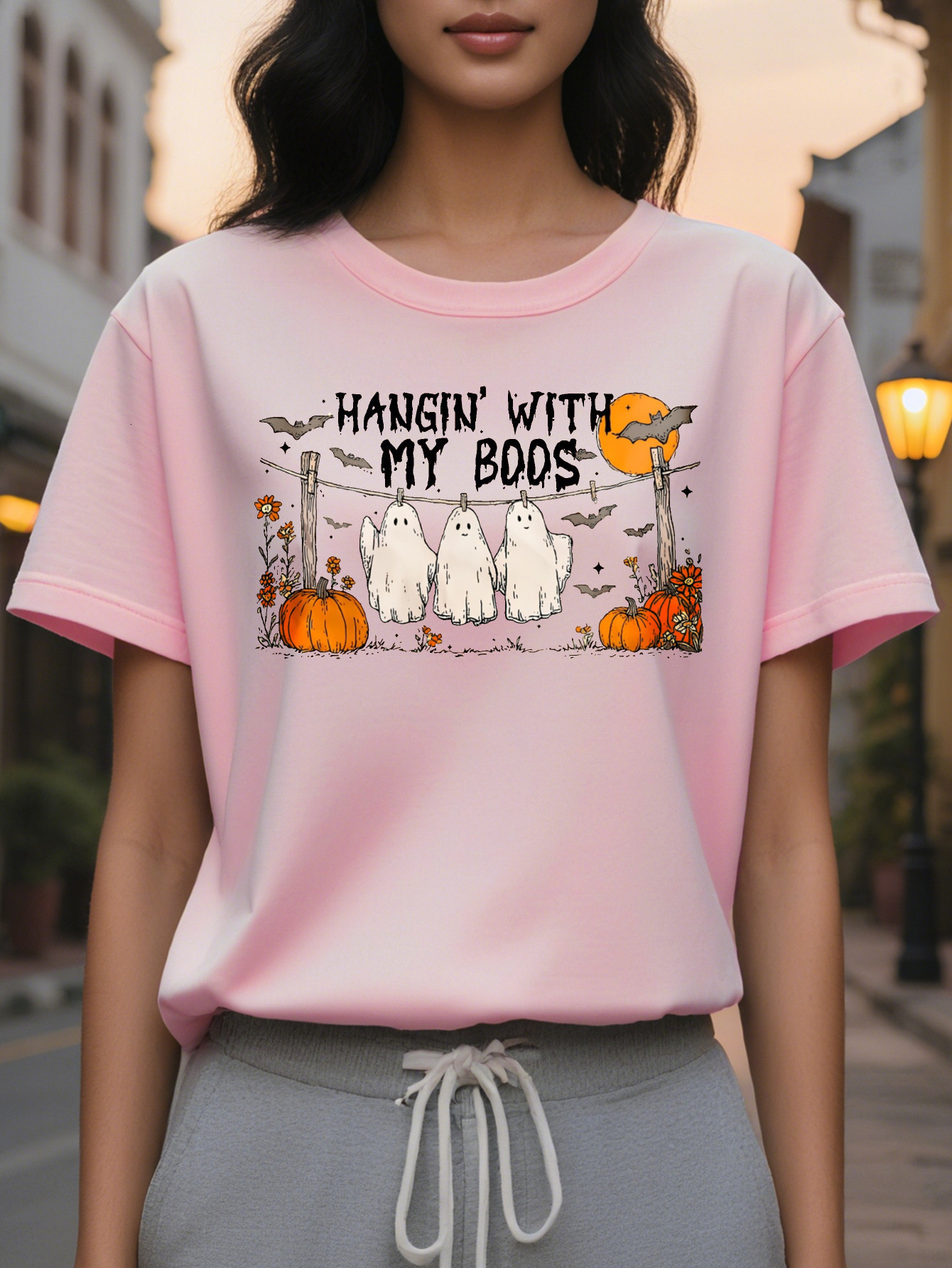 Large XL Women's T-Shirt Light Gray Ghosts Pumpkins Hanging with My Boos Graphic Tee Party Outfit Soft Round Neck Summer Shirt Plus Size