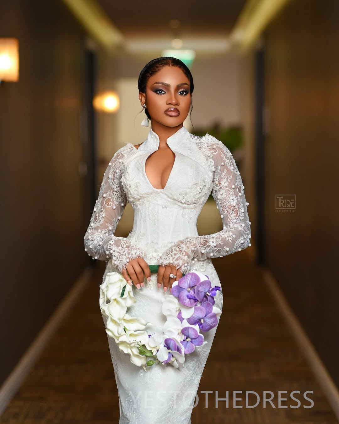 2025 Aso Ebi African Wedding Dress Bridal Gowns For Bride Mermaid Wedding Gowns High Neck Long Sleeves Pearls Beaded Lace Rhinestones Bridal Dress D63
