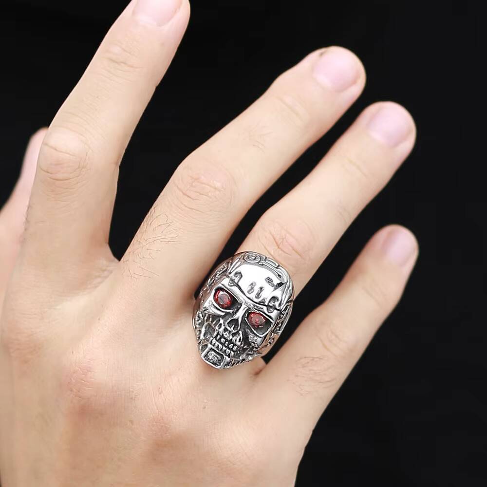 European and American Style Red Stone Eye Skull Mens Stainless Steel Jewelry Rings Design