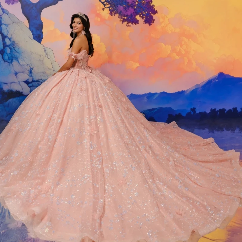 Pink Shiny Quinceanera Dresses Ball Gown Off The Shoulder Sequin Applique Flower Beads Tull Sweet 16 Dress Vestidos 15 De Anos