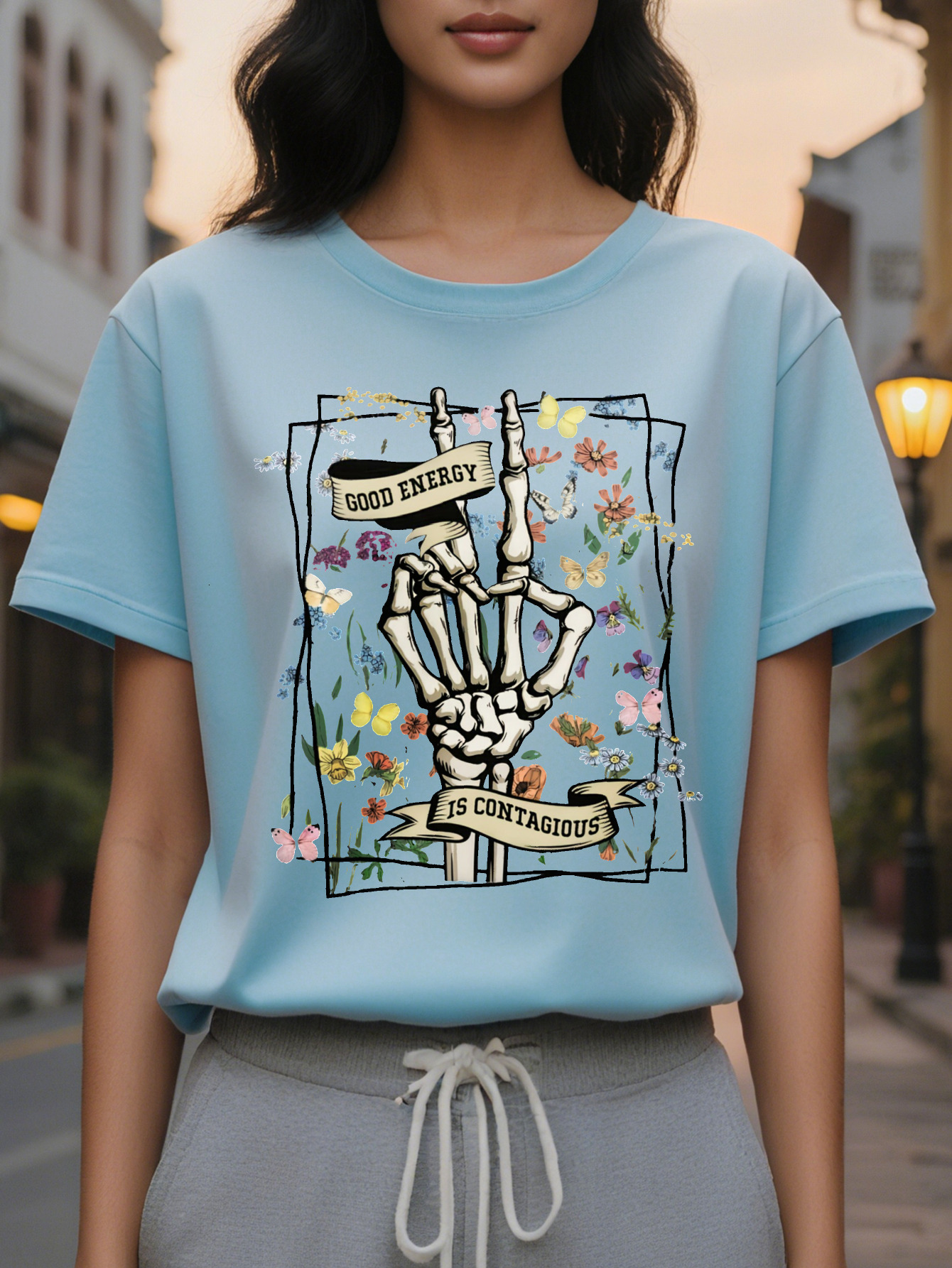 Large XL Women's Graphic T-Shirt Skeleton Hands Floral Back Dark Gray Everyday Halloween Party Tee Washable Casual Top Plus Size