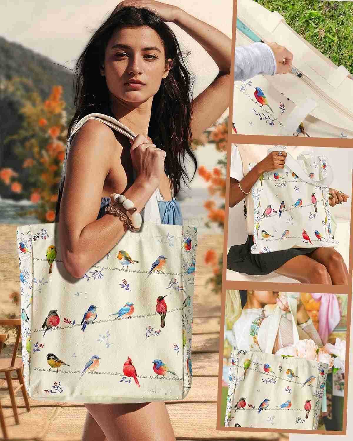 Large Canvas Tote Bag for Women with Zipper and Inner Pocket Aesthetic Cute Shoulder Bag for Shopping DailyW250904