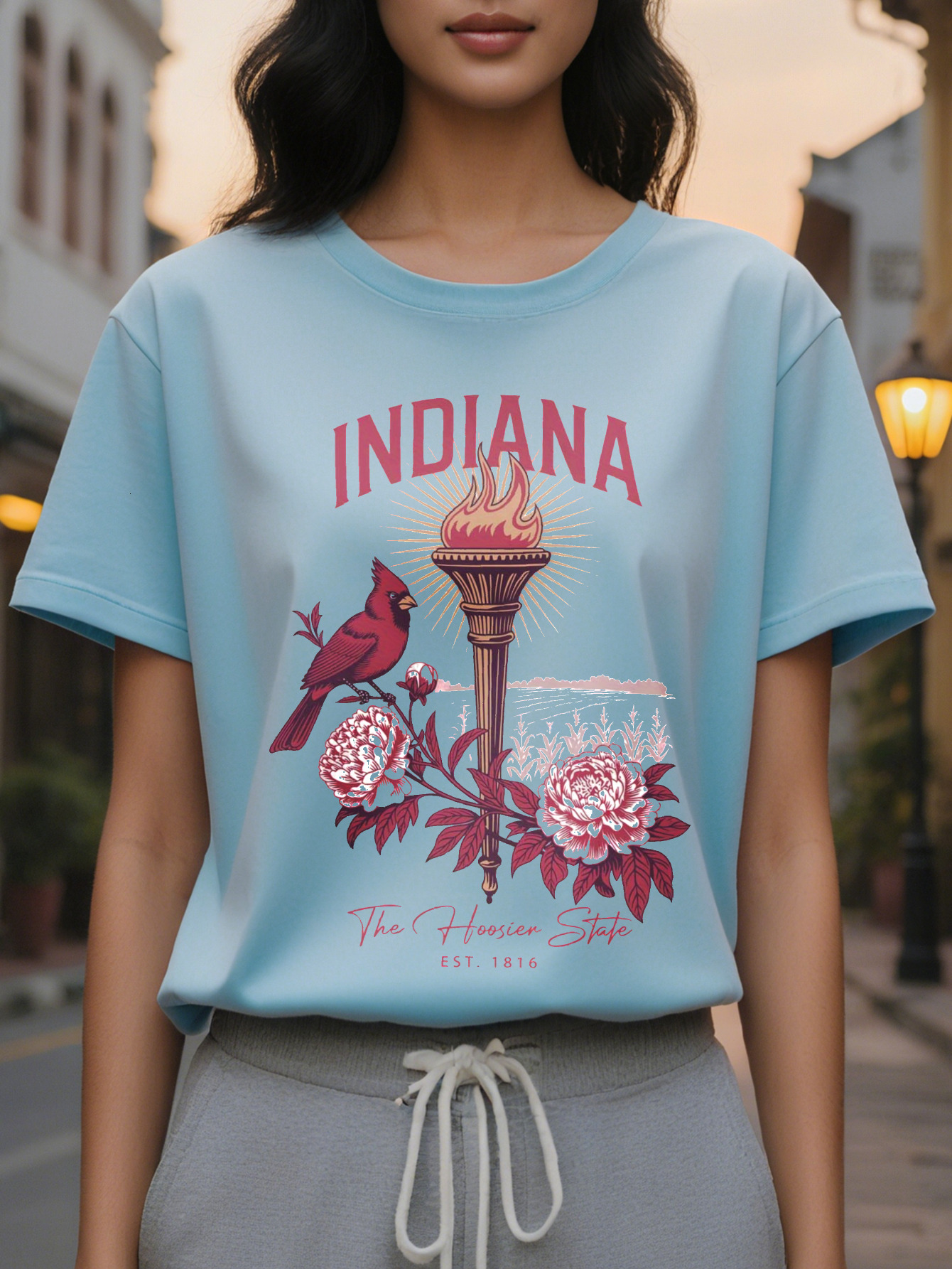 Women's Indiana pattern T-shirt white with red retro design established in round neck casual jacket light summer