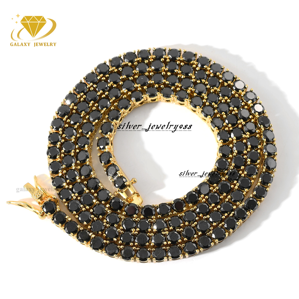 Real Pass Diamond Tester Black Moissanite Diamond Men Tennis Chain 1 Row Iced Out 35mm Gold Plated 925 Silver Bracelet Necklace