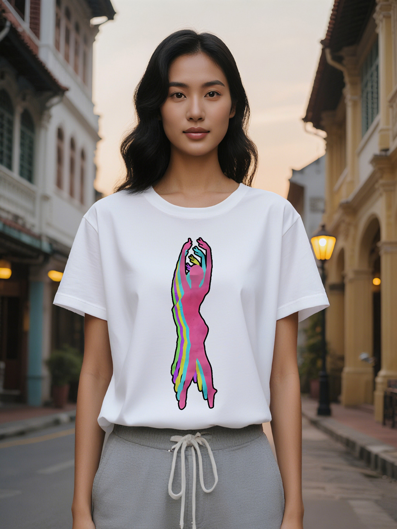 Large XL Graphic T-Shirt with Human Silhouette Colorful Stripes Print Black Round Neck Summer Tee Regular Fit Washable Plus Size