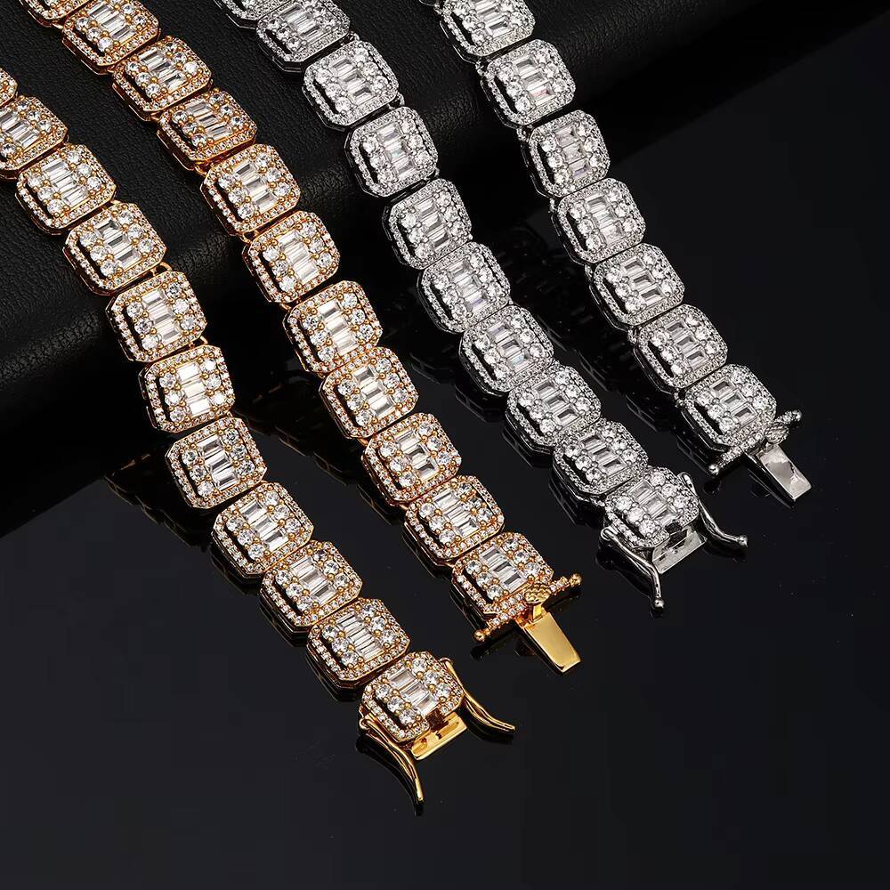 Nuoya 13mm Iced Out Tennis Bracelet Micro Pave Bling Baguette Moissanite Cluster Chain Hip Hop Jewelry For Women