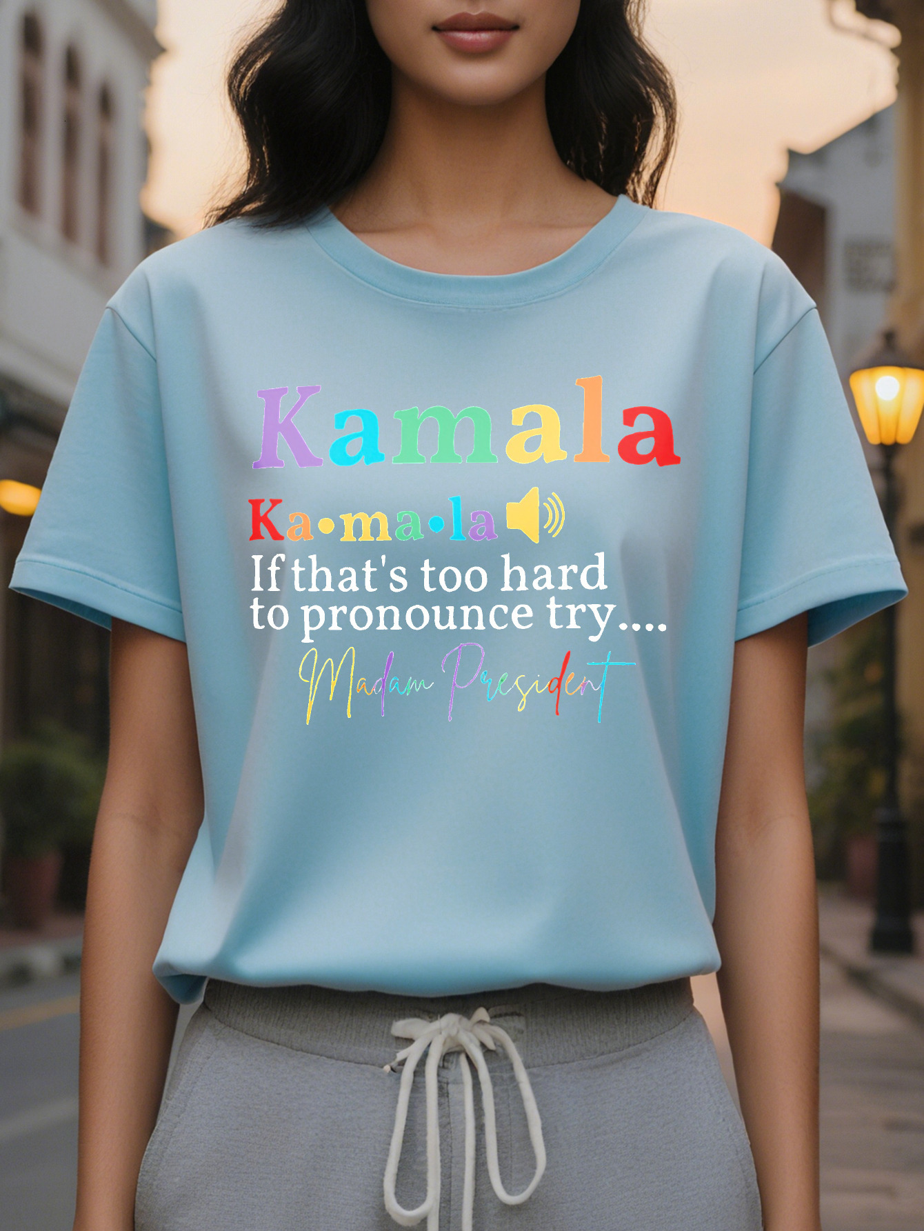 Large XL Women's Short Sleeve Crew Neck T-Shirt Vibrant Multicolor Kamala Letter Print with Playful Sound Effects Breathable Plus Size