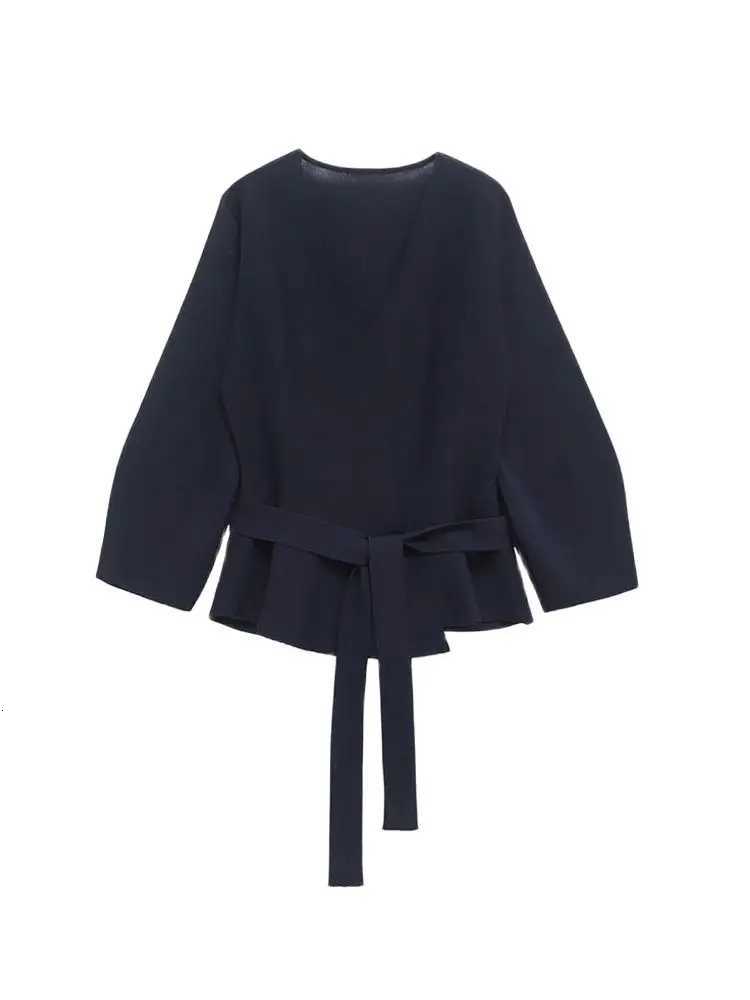 TRZA Womens Belted Knit Cardigan Sweater VNeck Long Sleeve Fashion Outerwear with Shoulder Pads Chic Top for Ladies M250904