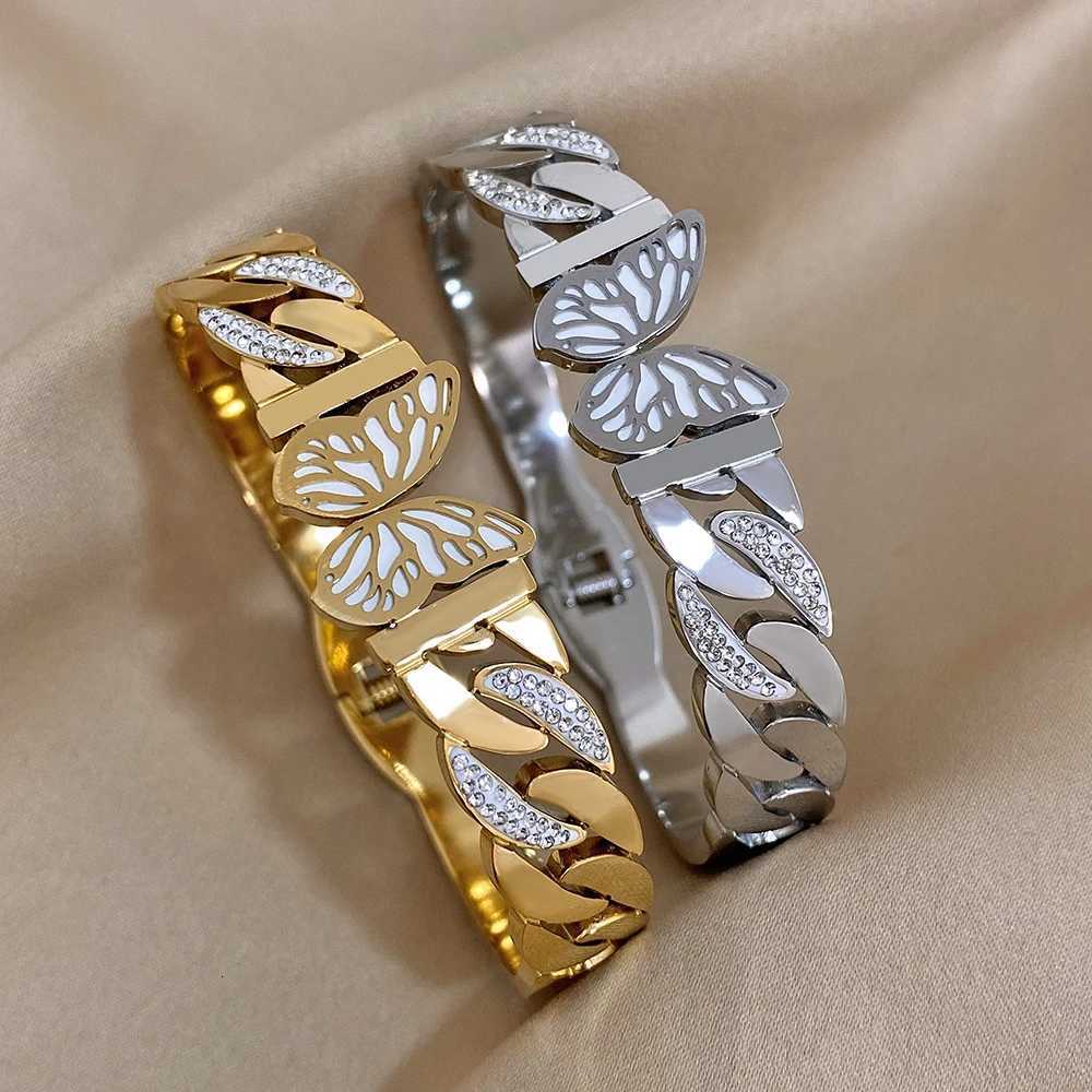 Charm Stainless Steel Bangle Bracelet For Women Luxury Rhinestone Wide Golden Chain Bracelets Wedding Party Jewelry Y250904