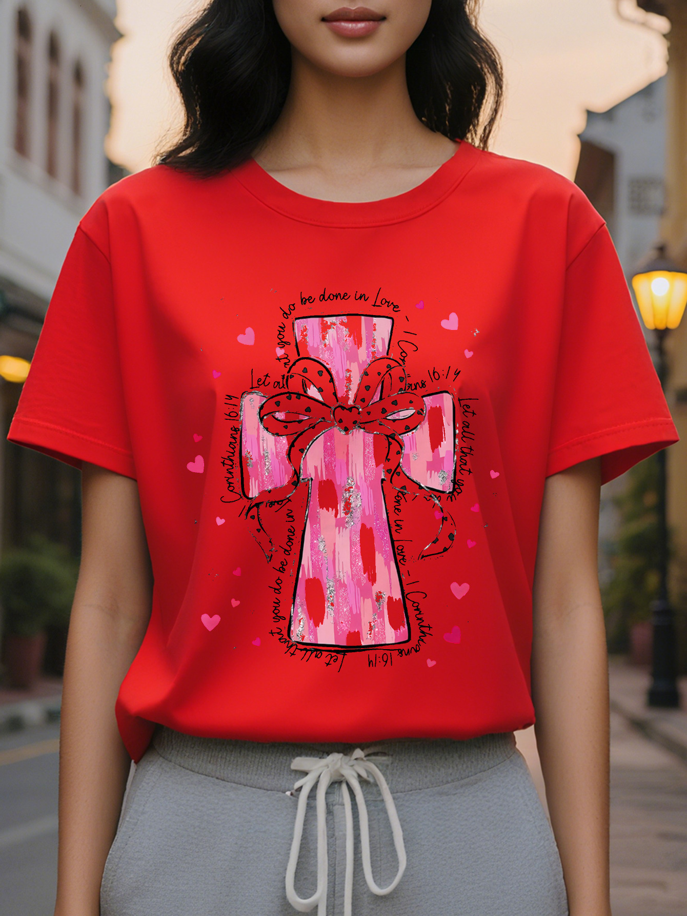 Women's Elegant Christian T-Shirt Short Sleeve Round Neck Regular Length Spring Summer Casual Top with Cross Design