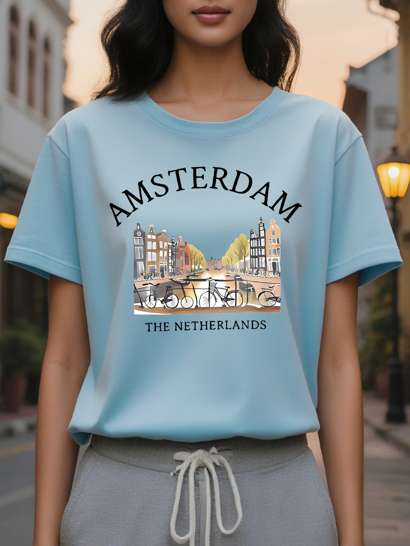Large XL Soft Stretch Women's Graphic Print T-Shirt Amsterdam Netherlands Dutch Architecture Canals Breathable Spring Summer Plus Size