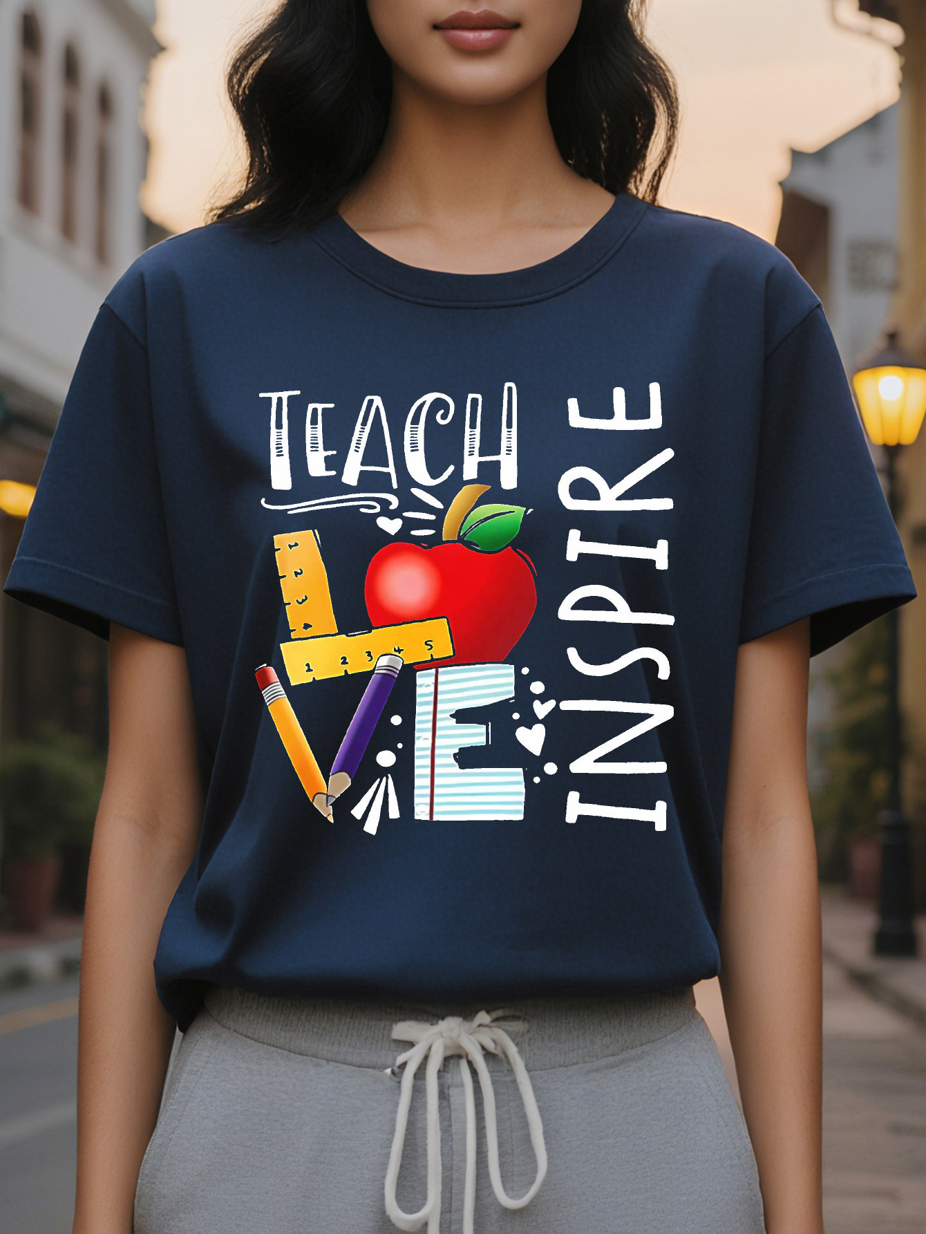 Teacher Letter Printed Short Sleeve T-Shirt Round Neck Casual Top Summer and Spring Women's Clothing