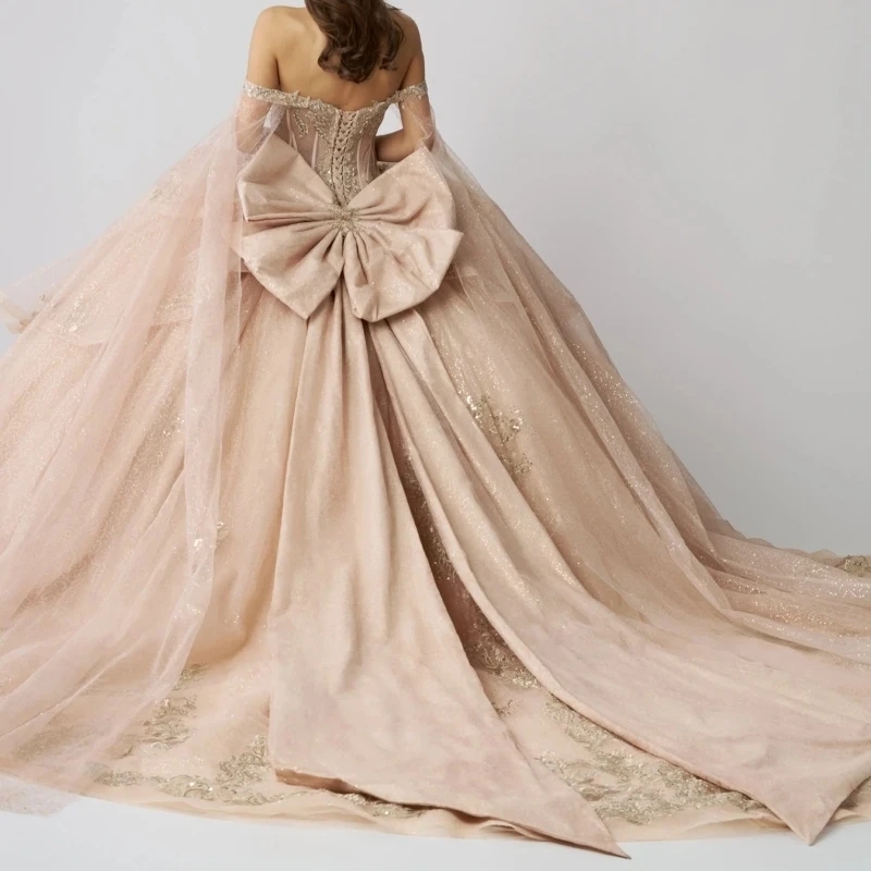 Champagne Shiny Quinceanera Dresses Ball Gown Off The Shoulder Applique Lace Beads Bow With Cape Tull Sweet 16 Dress Vestidos 15 Anos