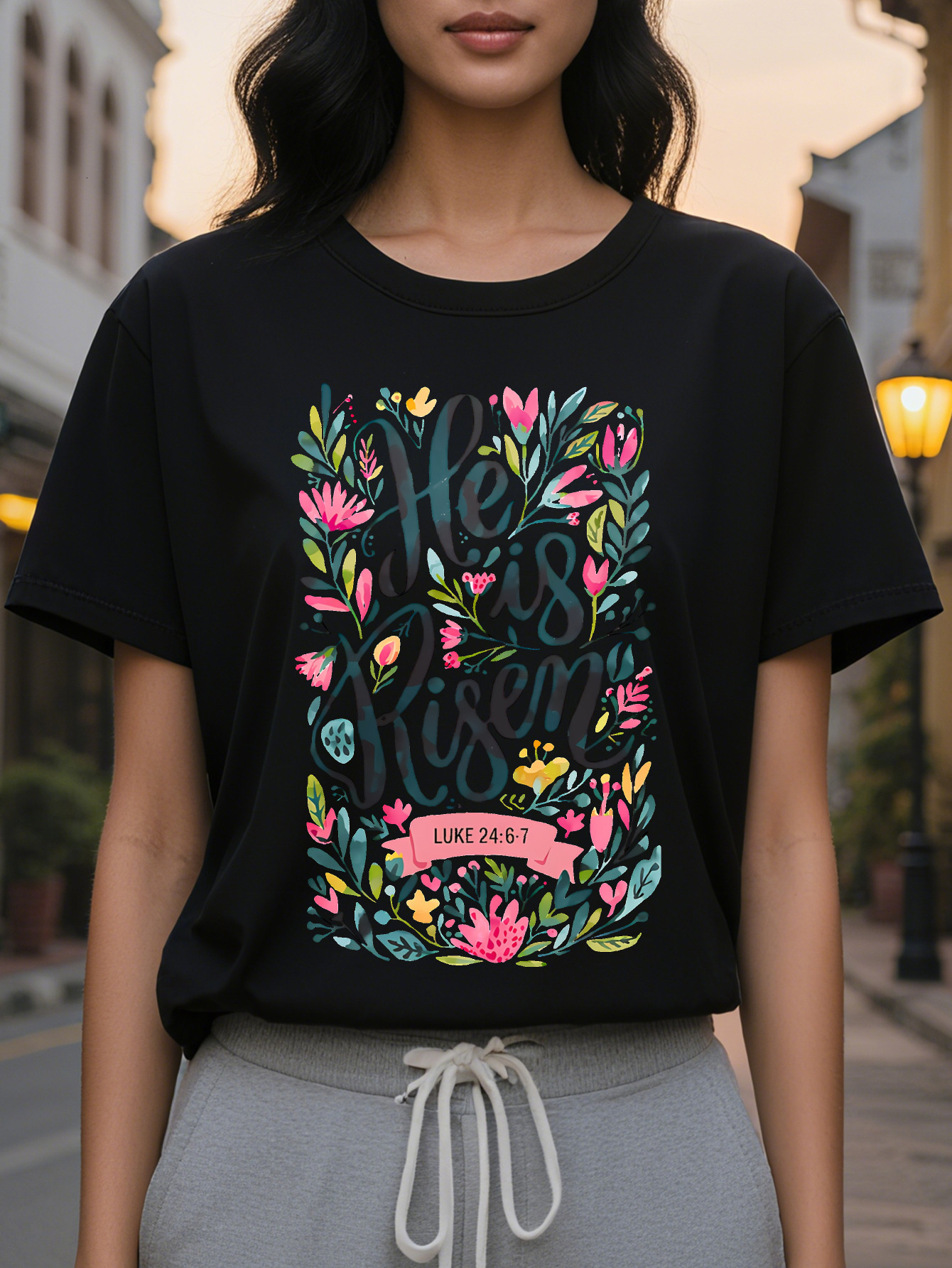 He Is Risen Easter Jesus Faith Bible Verse Luke Floral Print T-Shirt Pastel Pink Short Sleeve Crew Neck Top