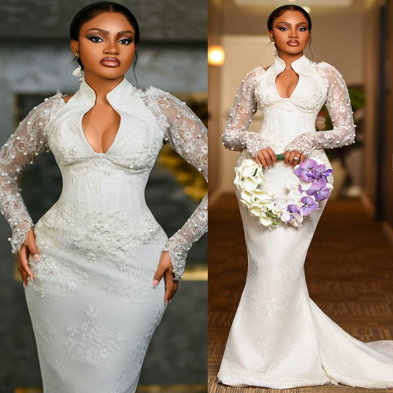 2025 Aso Ebi African Wedding Dress Bridal Gowns For Bride Mermaid Wedding Gowns High Neck Long Sleeves Pearls Beaded Lace Rhinestones Bridal Dress D63