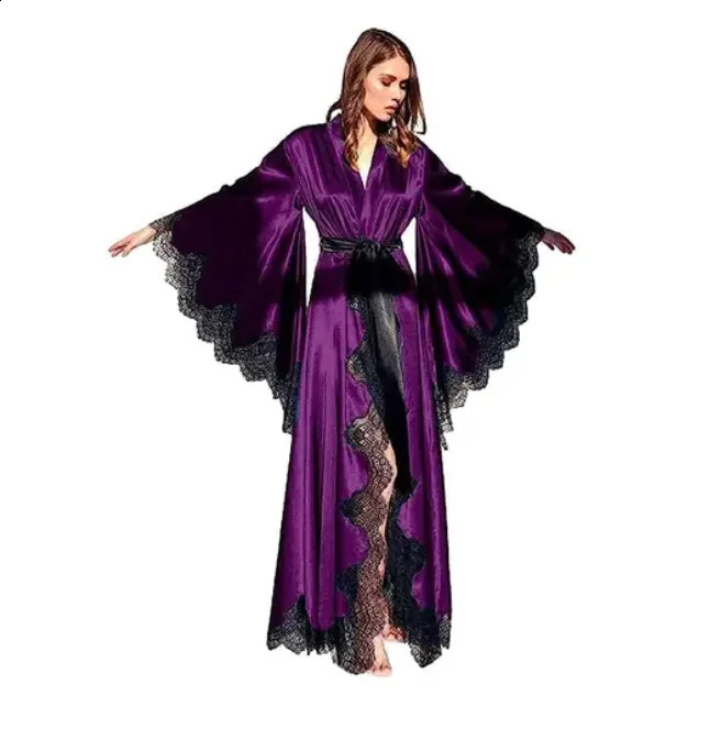 Women Robes Sleepwear Kimono Pajamas Pure Long Black Silk Satin Lace Trim Pography Dress Wedding Bride Gown Po Shoot 250904