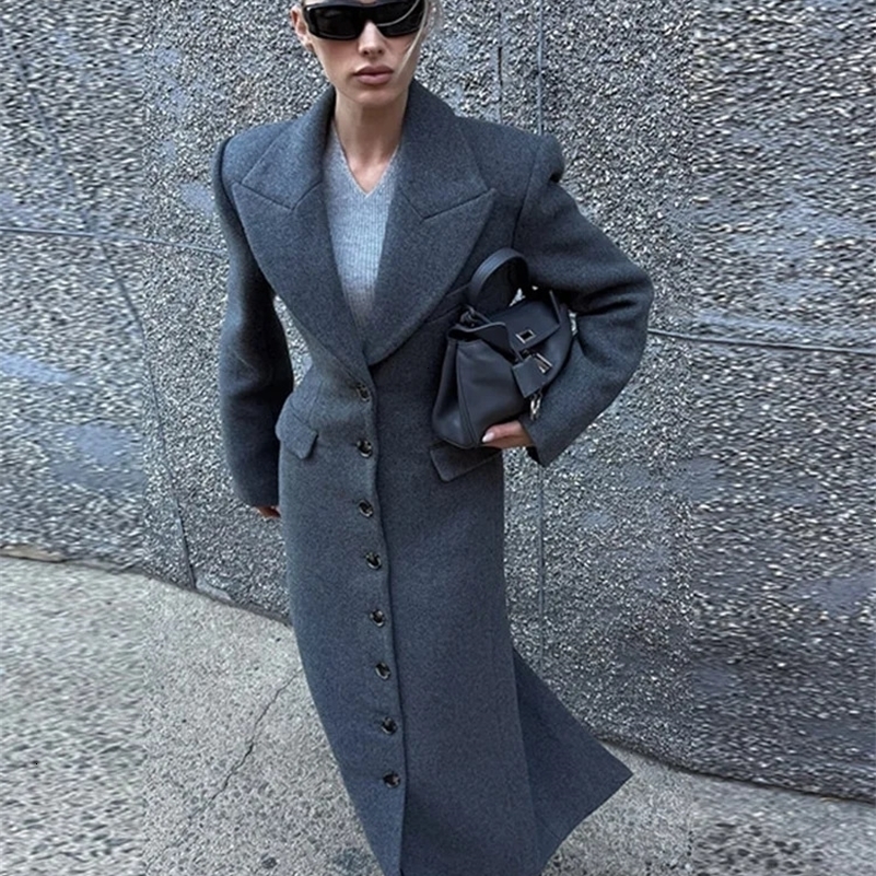 Chic Waist Up Wool Blends Long Jacket Women Lapel Full Sleeves Single Breasted Outerwear 2025 Spring Lady High Streetwear Coats 250903