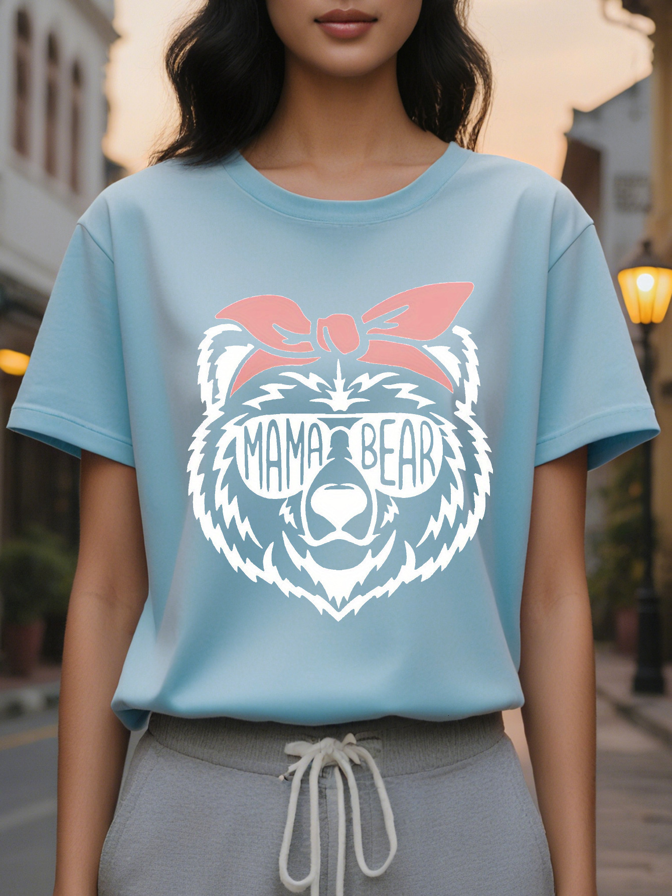 Women Mom Bear Pattern Vest Black Sleeveless Casual with Pink Bow White Letters Perfect for Mother s Day Spring