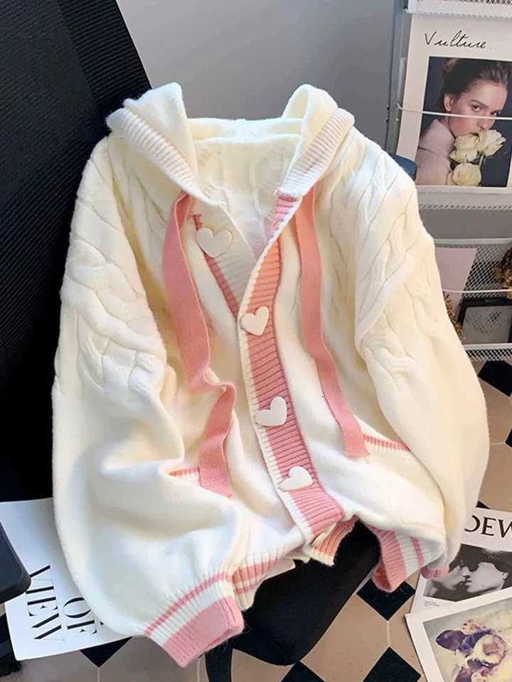 Jmprs Cute Sweet Cardigan Sweaters Women Lazy Wind White Knitted Coats Long Sleeve Loose Female Japan Kawaii Elegant Hooded Tops M250904