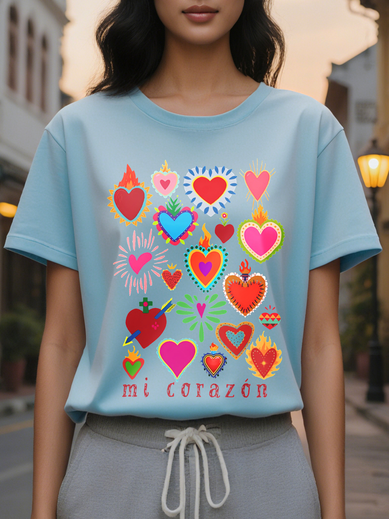 Large XL Women's Casual Short Sleeve Crew Neck T-Shirt Vibrant Purple Mexican Inspired Sacred Heart Spanish Flame Print Mi Plus Size