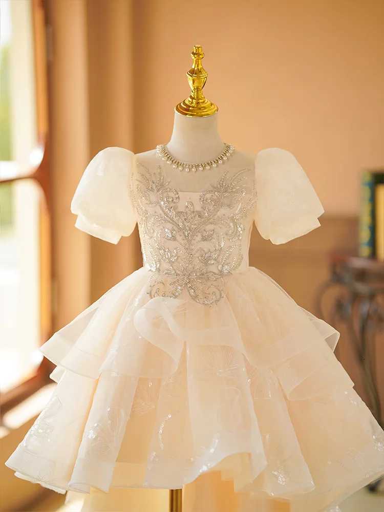 Luxury Fashion Girls Evening Dress Short Sleeves Girl Princess Dresses Round Neck Teenager Party Clothing Children Costumes Z250904