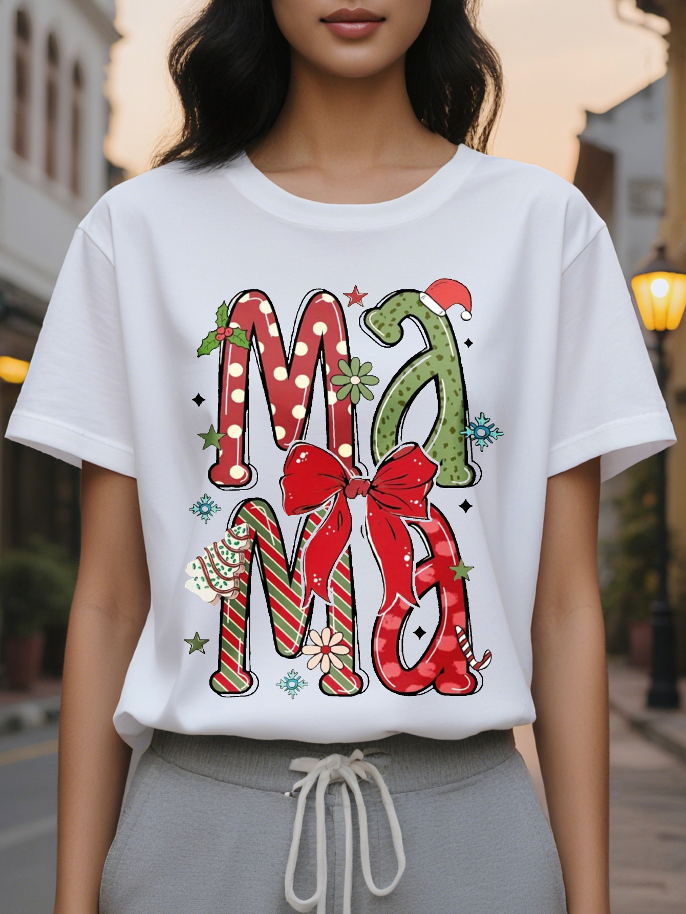 Large XL Cotton Knit All Season Women's Christmas Festive Print Casual Round Neck T-Shirt Regular Length Plus Size