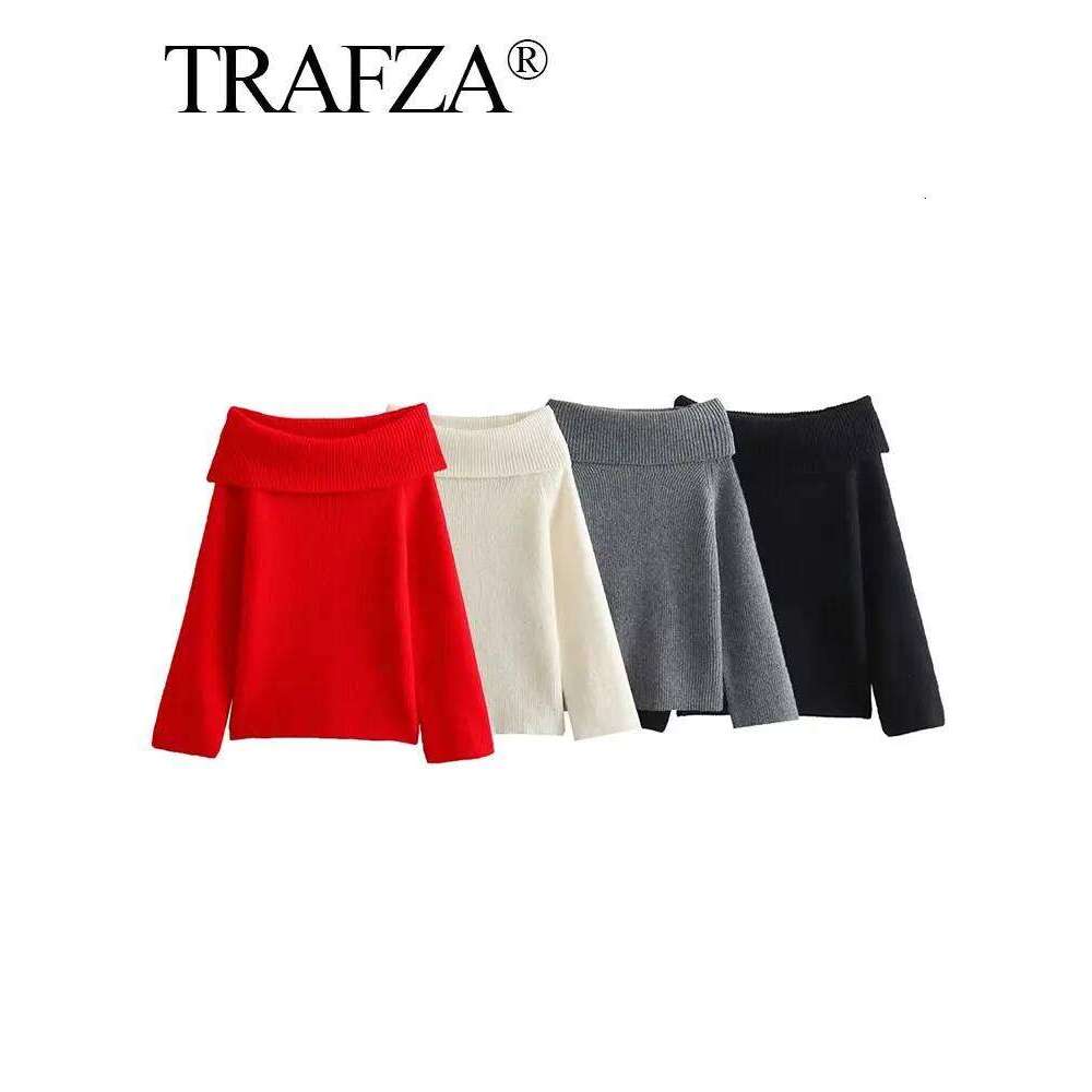 TRAFZA Women Fashion Solid Off Shoulder Long Sleeve Knitted Pullover Sweater Autumn Female Casual Knitwear Chic Top