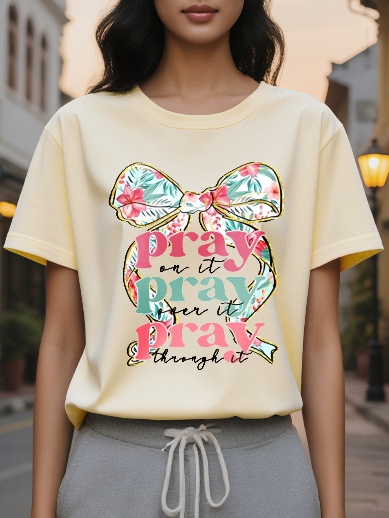 PRAY American Printed Pattern Spring and Summer New Fashion Round Neck T-shirt Slim Fit Slimming Women's Short Sleeve