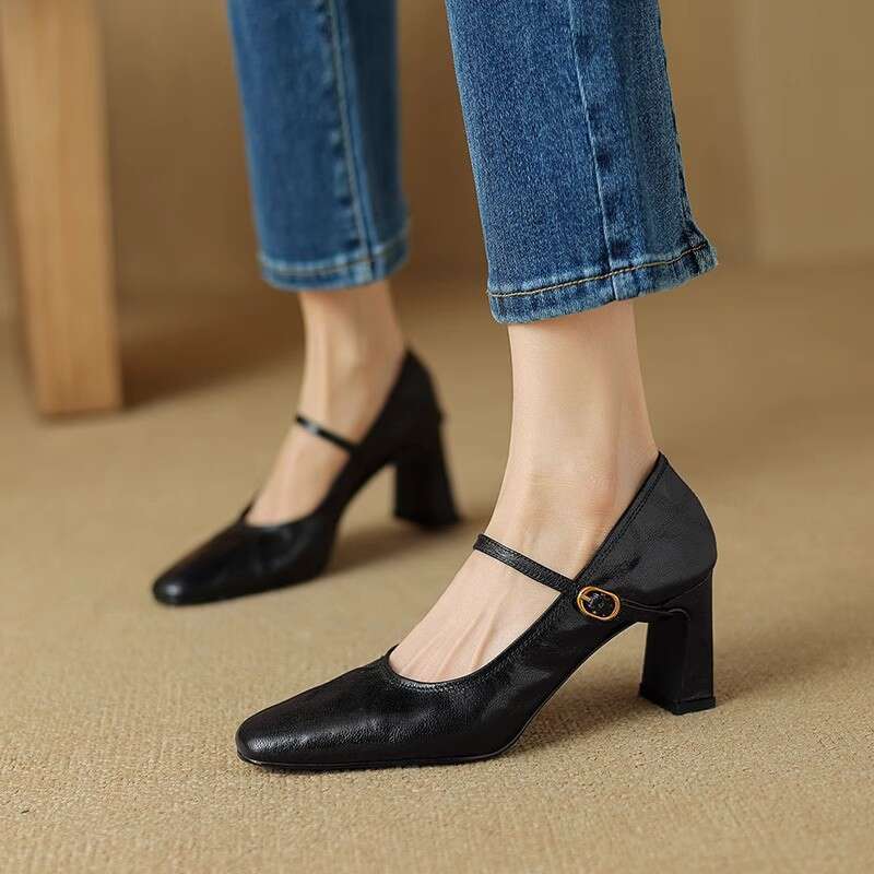High Women's Autumn New Designer Shoe Sheepskin One-Strap Thick Heel Black French Genuine Leather Mary Jane Shoes