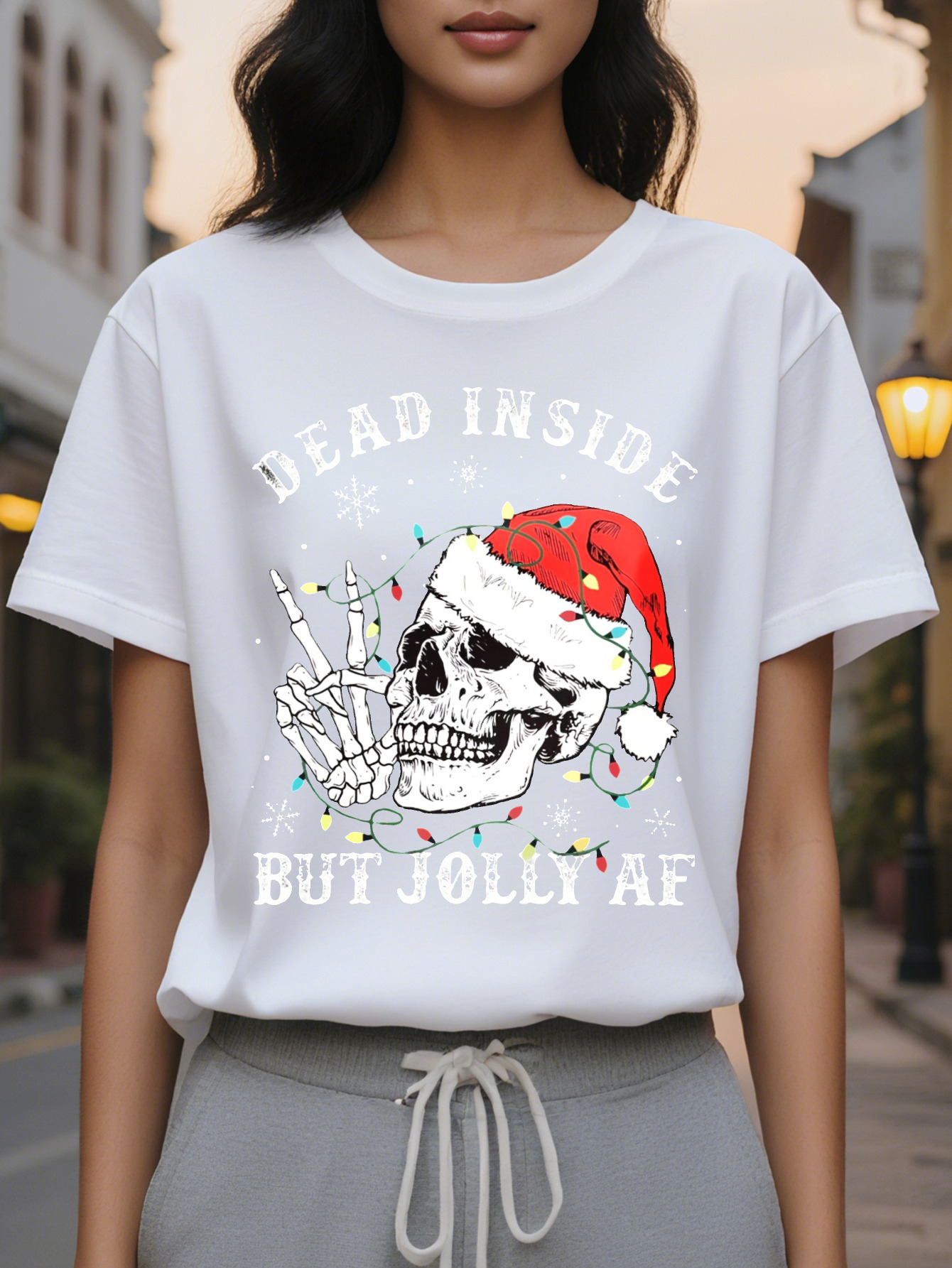 Large XL Women's Christmas Skull Print Crew Neck T-Shirt Soft Micro Elasticity Cotton Fabric Regular Length Hand Washable Plus Size