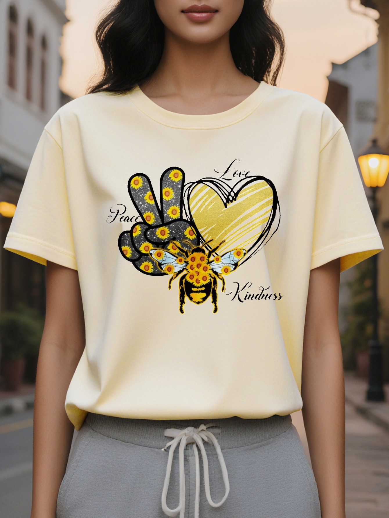 Women's T-shirt White Peace Heart Shaped Pattern Goodwill Text Printing Autumn Soft Daily Casual Jacket Washable