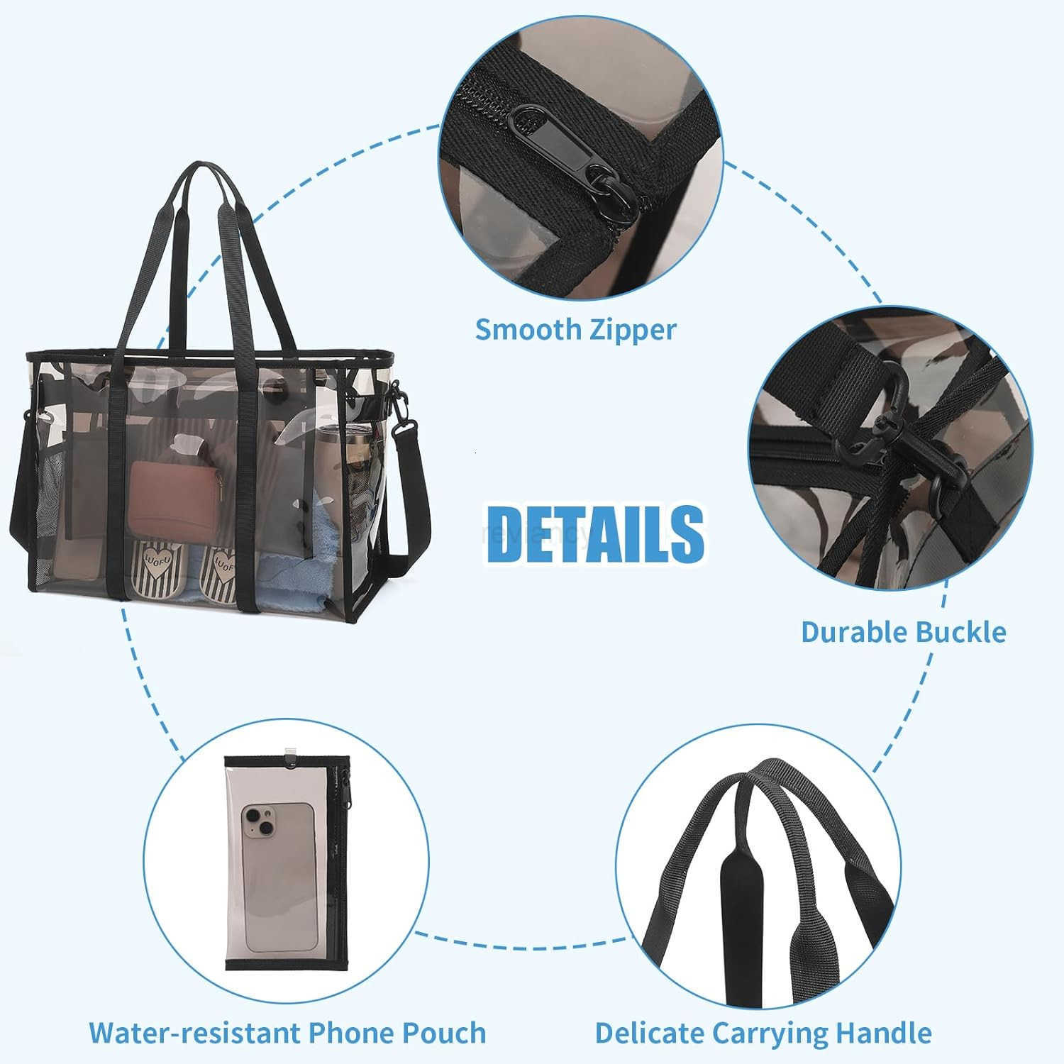 Womens Clear Beach Bag with Detachable Phone Pouch Foldable Waterproof Clear Tote Bags for Beach Pool StadiumW250904