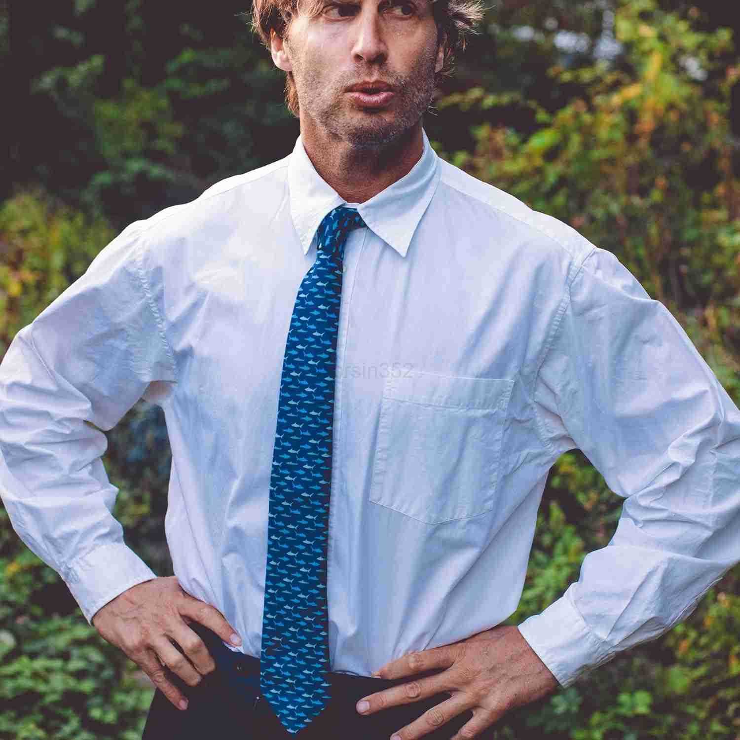 TShirts Funny Fish Tie for Men Blue Shark Pattern Print Necktie Fun Novelty Gift for Fishermen Ocean Animal Lovers Humorous Office Casual Wear or Them