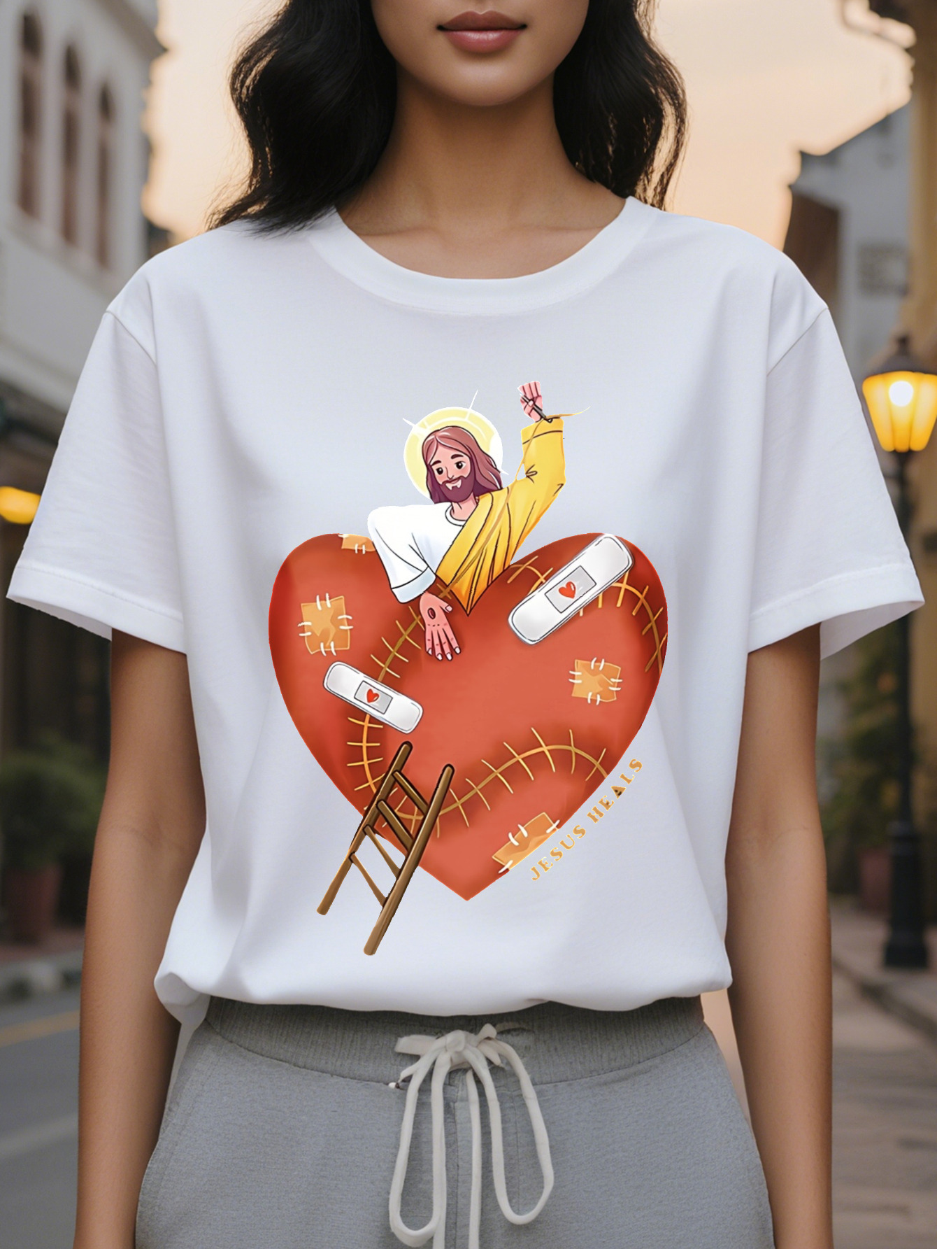 Large XL Jesus Heals My Heart Religious Faith Print Fashion Casual Short Sleeve SpringSummer Slim Fit Round Neck Women's Plus Size