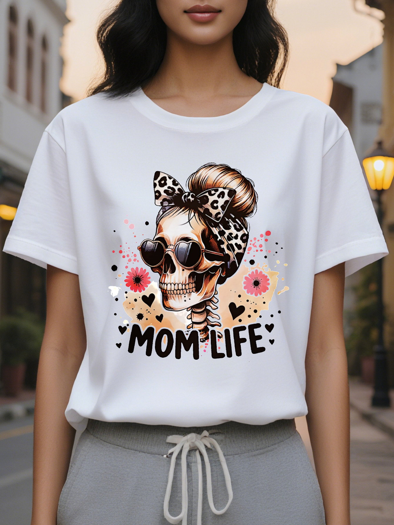 Women's Halloween T-shirt Fashion Glasses Skull Leopard Bow Flower Printing MOM LIFE Text Casual Short Sleeve Crew