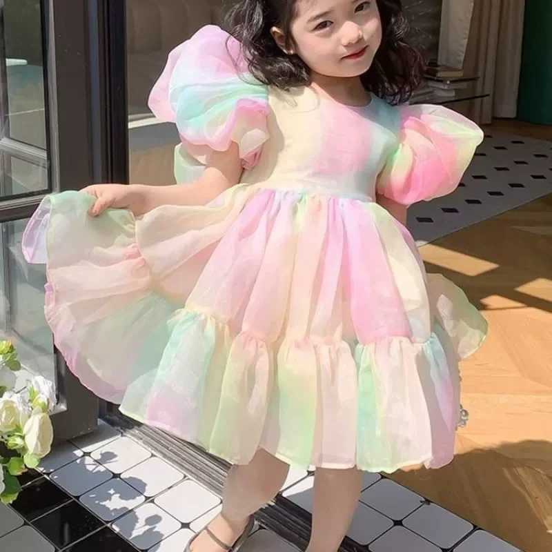 Girls Princess Tulle Dress Kids Puff Sleeve Mesh Dress Children Birthday Party Ball Gown Dresses 2024 New Summer Elegant Clothes Z250904