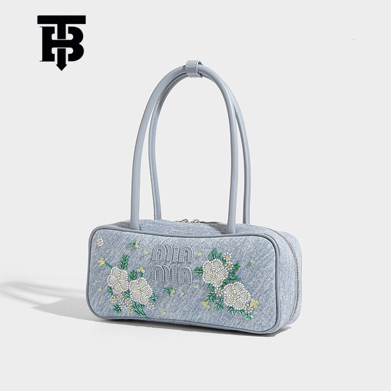 TB BHULAMTE Vintage Denim Embroidered Bowling Designer S Bag Bag For Women, High-end Niche Fashion Underarm Bag, Hundred Towers Commuting Shoulder Han