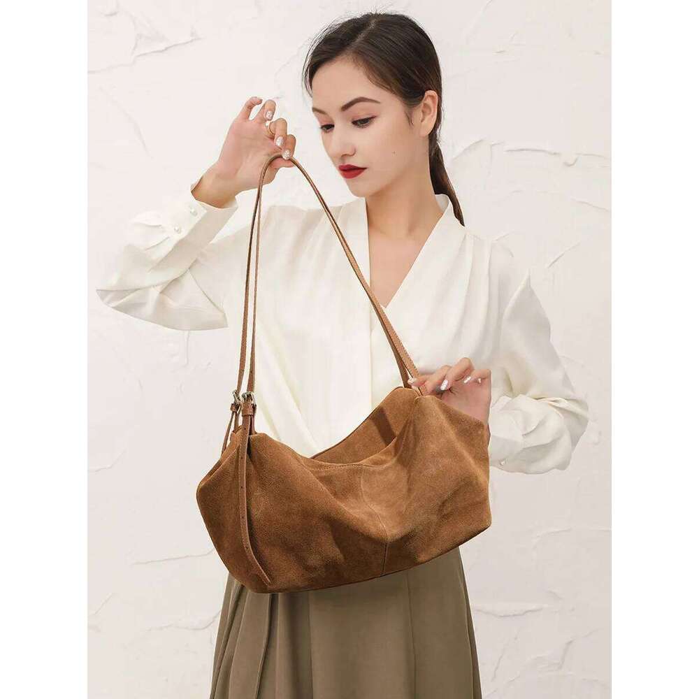 Versatile suede tote for autumn and winter, frosted cowhide, large capacity single shoulder armpit pillow bag