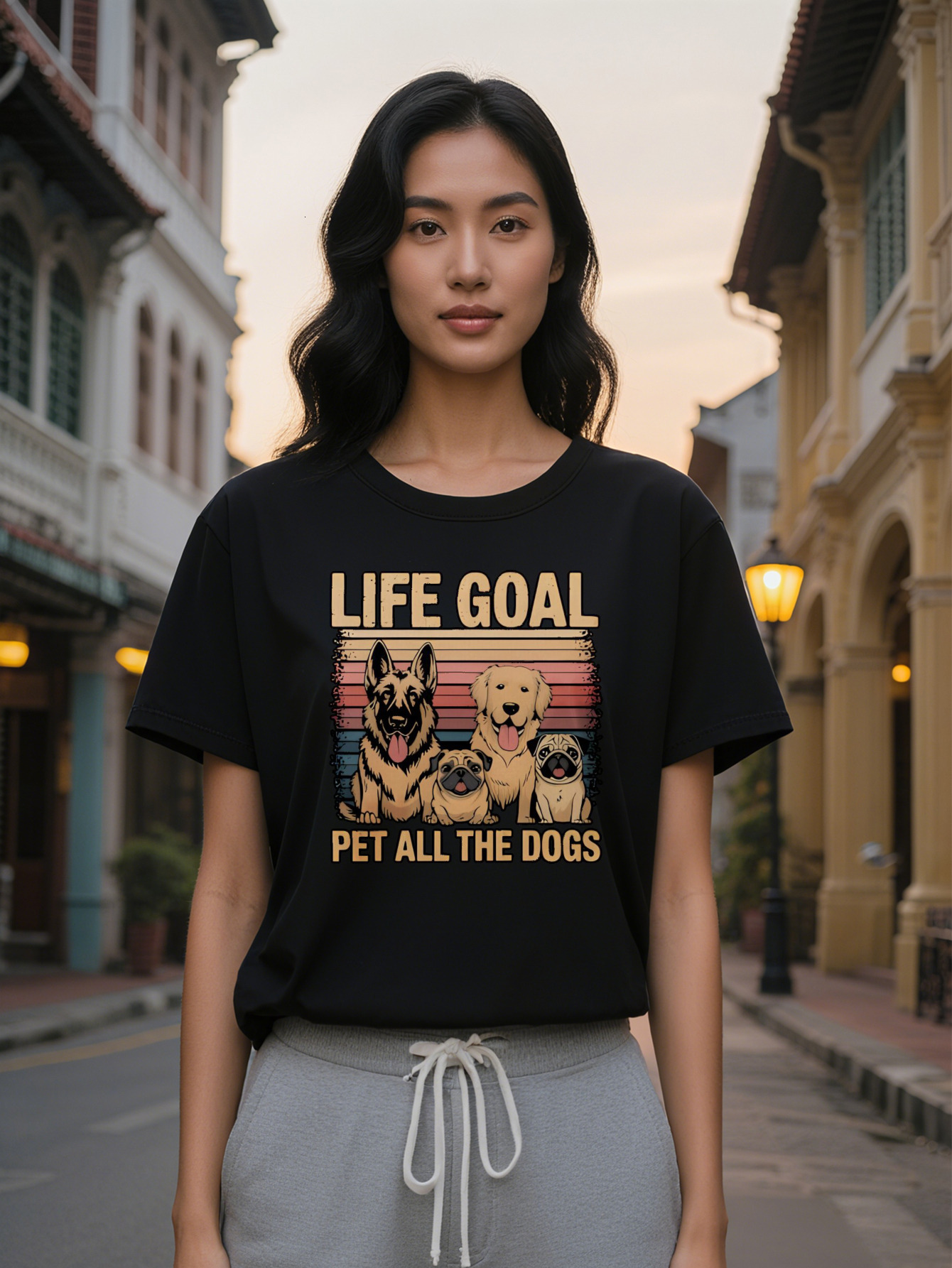 Large XL Lady Crew Neck T-Shirt Life Goal Pet All the Dogs Graphic Print Black with Colorful Stripes Illustrations Perfect Plus Size